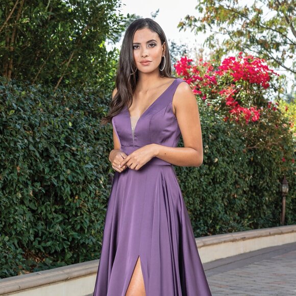 New A-Line Satin Bridesmaid Dress w/ Illusion Plunging Neck & V-Back DQ 4304A - Picture 3 of 9